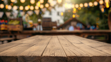 close up of empty wooden table with blurred bavarian oktoberfest on open air background