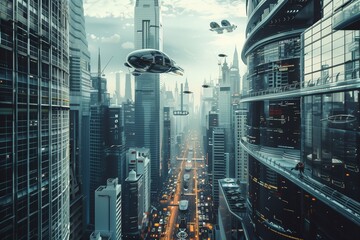 Obraz premium Future metropolis with flying cars and drones. Air taxi, city of the future