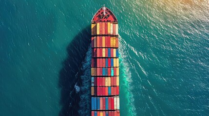 Aerial top view of a cargo ship with a distinct contrail in calm ocean waters, Cargo Ship, Ocean, Logistics