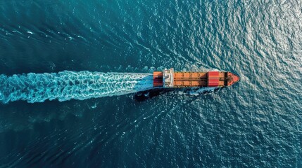 Bird eye view of a cargo ship creating a long, white trail on the ocean surface, Cargo Ship, Ocean Trail, Maritime Commerce