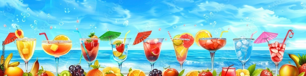 Poster a row of colorful cocktails with fruit garnishes and umbrellas on a beach with a blue ocean backdrop