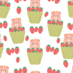 Seamless pattern with cute cartoon bears in cups, for fabric prints, textiles, gift wrapping paper. children's colorful vector, flat style