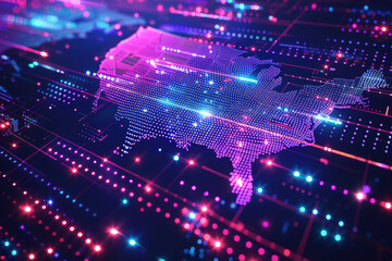 Vibrant data visualization of the United States, featuring neon light points and digital grids, representing technology, communication, and connectivity.