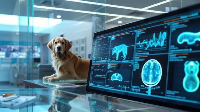 high-tech pet care clinic with digital health records and diagnostic tools displayed on interactive screens
