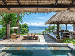 Luxurious tropical resort patio overlooking ocean, features private pool, dining area, and lounge spaces. Peaceful and serene getaway destination.