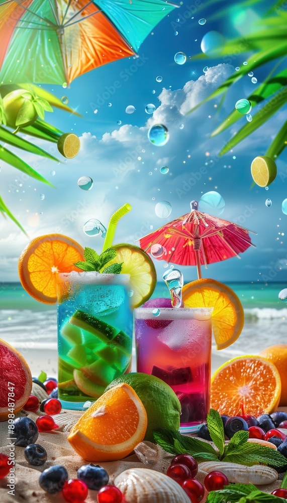 Aufkleber two colorful cocktails garnished with fruit and umbrellas sit on a beach with a blue ocean in the ba