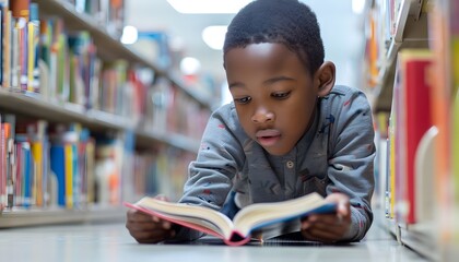 Young boy reading a book while lying on the floor in a library, surrounded by bookshelves filled with various books, focused on the pages.