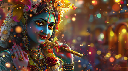 illustration of Krishna Janmashtami background for banner, Lord Krishna decorated with jewelery and flowers, Ai Generated Images