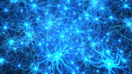 Bright glowing neurons interconnected against a dark background, representing neural networks, brain activity, and neurological science.