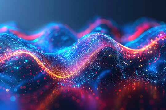 Abstract multi-colored wave pattern with glowing dots and energy lines on a dark background, depicting digital technology and futuristic design.