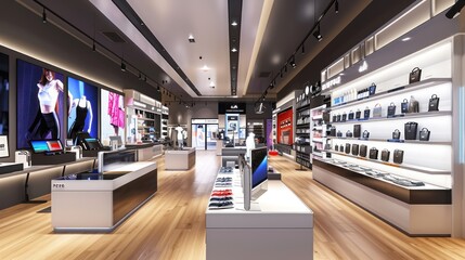 high-tech retail store with interactive product displays and virtual try-on stations for customers