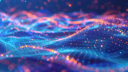 Colorful wave of glowing digital points on a dark background, representing data flow and technology. Perfect for modern tech or digital concept visuals.