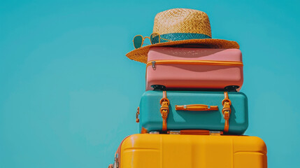 Pile of colorful suitcases with hat and sunglasses on blue background. Travel concepts, luggage packing, and vacations planning. Airport destinations and flying journey.
