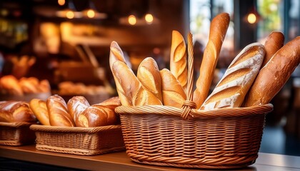 A beautifully arranged basket of assorted fresh breads, showcasing various shapes and textures in a cozy bakery setting.