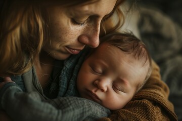 Fototapeta premium young beautiful mother tenderly holds her baby, hugs, presses to herself. Absolute love and tenderness. Family values.