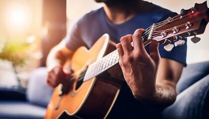 Fototapeta premium An intimate moment of a musician playing guitar at home, surrounded by soft light and a cozy atmosphere.