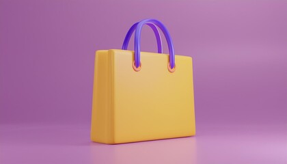 A vibrant yellow shopping bag with purple handles, standing against a soft purple background, perfect for showcasing fashion items.
