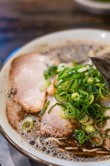 Spicy tonkotsu yobimodoshi ramen with block fried onion oil, Kurume ramen, Fukuoka, Japan