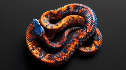 Fototapeta premium Bright snake covered with multi-colored spots on a black background, graphic resources