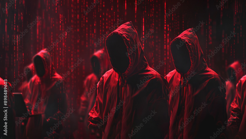Poster anonymous hacker group working on laptop in dark room with red hoodies