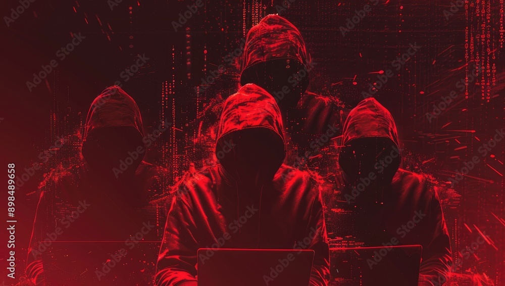 Poster anonymous hacker group working on laptop in dark room with red hoodies