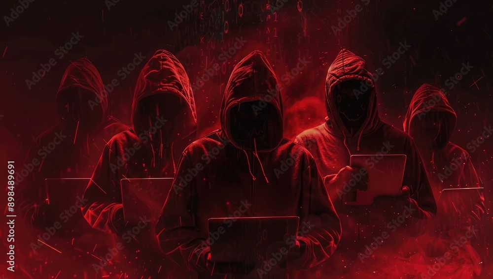 Poster anonymous hacker group working on laptop in dark room with red hoodies