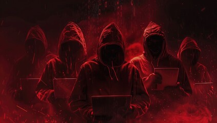 Anonymous Hacker Group Working On Laptop In Dark Room With Red Hoodies