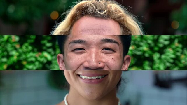 Mixed Portrait of Happy People Faces in Split Screen Collage. Close Up Montage of Real Men and Smiling Women Looking at Camera in Composite Frame. Multiculture and Ethnic Diversity of European Crowd