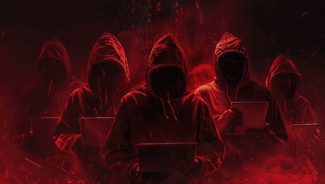 Anonymous Hacker Group Working On Laptop In Dark Room With Red Hoodies