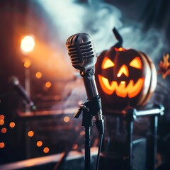 Vintage microphone set in a spooky Halloween atmosphere with a glowing jack-o'-lantern, perfect for festive event or party invitation.