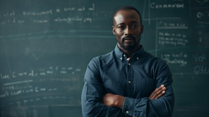 black teacher standing in front of class explaining lesson against blackboard
