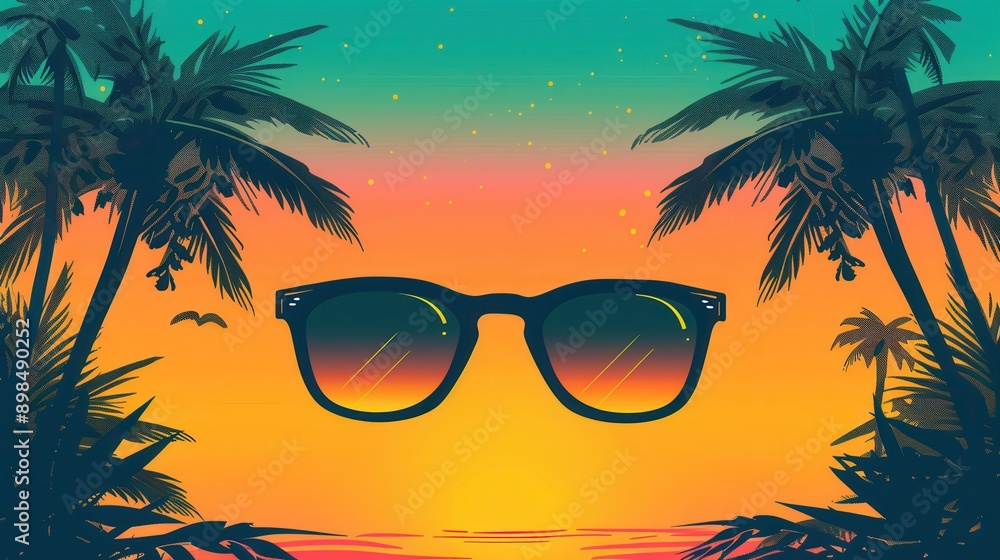 Poster sunglasses resting against the silhouette of palm trees with a sunset in the background. generative 