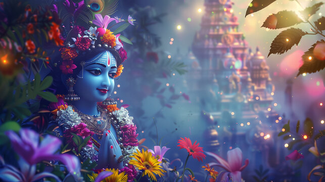 illustration of Krishna Janmashtami background for banner, Lord Krishna decorated with jewelery and flowers, Ai Generated Images