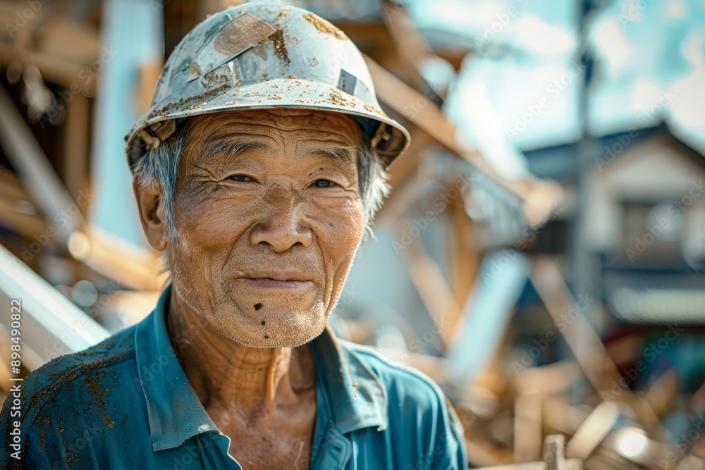 Wall mural Portrait of a volunteer rebuilding homes after the typhoon, determined look, hyper-realistic, high detail, photorealistic, community rebuilding, disaster recovery