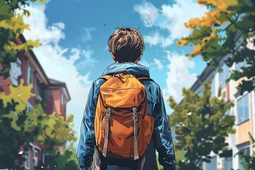 Fototapeta premium Boy with Backpack Walking to School on a Sunny Day