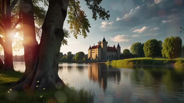 An old castle building is located on the banks of a large river with a calm current. Seamless 4K looping video animation generated AI