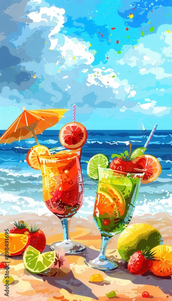 Poster Two fruity cocktails rest on a sandy beach with an ocean backdrop. The cocktails are decorated with fruit and one has a tiny umbrella. Generative AI