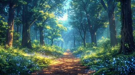 Enchanting Forest Path with Glowing Fireflies