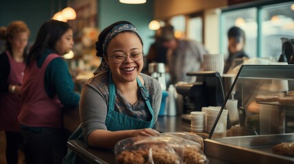 Cheerful Coffee Shop Employee: Asian Woman with Down Syndrome Smiling at the Counter