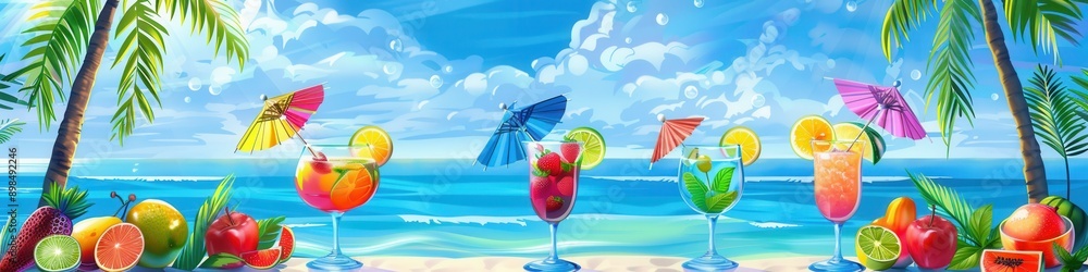 Poster five colorful cocktails adorned with fruit garnishes and small umbrellas sit on a beach overlooking 