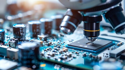 Engineer inspecting a microchip under a microscope, representing semiconductor quality control
