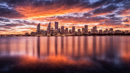 Fototapeta premium Beautiful landscape photograph city skyline sunset sky filled A