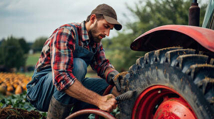 Farmer repairing harvesting tractor wheel on family farm, agriculture concept