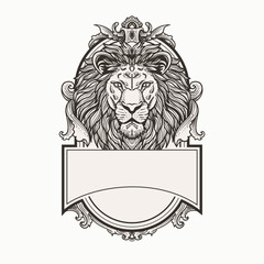 Lion head emblem with heraldic frame
