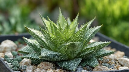 Fototapeta premium Close-up small succulent plant black pot has multiple The hawort