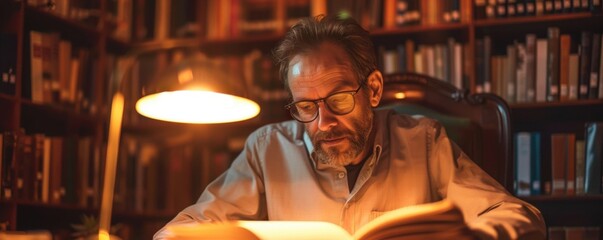 Man reading a book in a cozy library under warm light. Surrounded by shelves full of books, he is deeply engrossed in his reading.