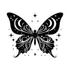 Bohemian Celestial butterfly tattoos, Silhouette Mystical occult symbols moth illustration.