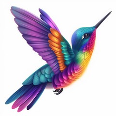 Fototapeta premium Vibrant illustration of a colorful hummingbird in flight, showcasing vivid hues and dynamic wing details against a white background.