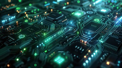 Futuristic Green Circuit Board Close-Up, Digital Technology Background
