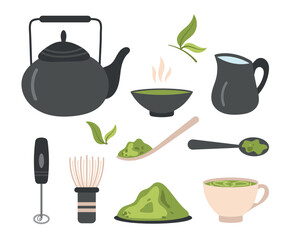 Set of elements for Matcha tea on white background with green leaves. Tea ceremony. Vector